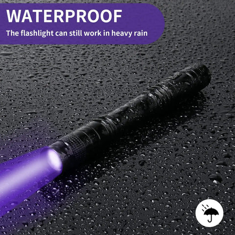 Two Pack 395nm UV Black Light Flashlights Mini Pen Light With Clip Waterproof For Pet Urine Stains Bed Bugs Hotel Inspection Dry Stains Leak Detection Scorpion Areas And Hidden Marks waterproof black UV pen flashlight on wet surface