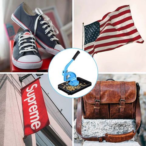 Grommet Tool Kit Beefy Heavy Duty Set With 3 Die Hand Press Grommet Machine Rolling Base 1/2 Inch 3/8 Inch 1/4 Inch Eyelets And Washers 900 Grommets For Fabric Tarps Banners Prints YES0389 machine close-up with example uses on shoes, flags, banners, and bags.
