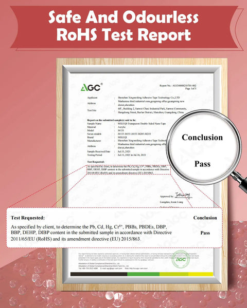 RoHS test report for Corner Protectors For Baby Proofing Clear Edge Guard Strips Soft Corner Guards, marked 'Safe and Odourless'. 