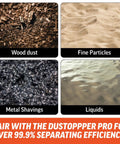 Dustopper 5 Gallon Heavy Duty Bucket For Shop Vac Systems, showing wood dust, fine particles, metal shavings, and liquids.