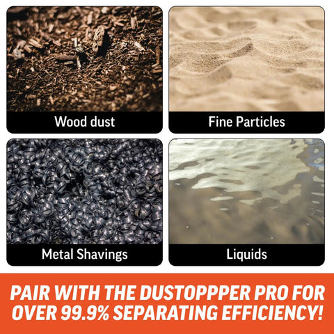 Dustopper 5 Gallon Heavy Duty Bucket For Shop Vac Systems, showing wood dust, fine particles, metal shavings, and liquids.