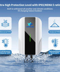 Premium Level 2 Ev Charger 40 Amp 9.6 Kw 240V J1772 Home Wall Station with Nema 14-50 plug near water showcasing IP65 rating.