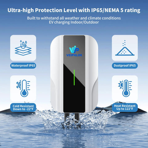Premium Level 2 Ev Charger 40 Amp 9.6 Kw 240V J1772 Home Wall Station with Nema 14-50 plug near water showcasing IP65 rating.