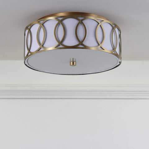 Lit 12.25-Inch Brass Gold 2-Light Sleek Modern Metal LED Flush Mount Ceiling Light with White Linen Drum Shade and Geometric Fretwork