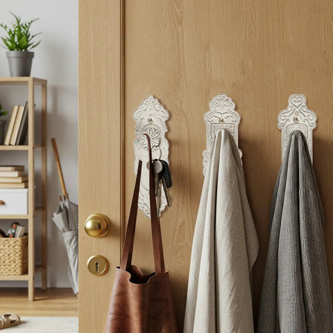 Slick Rustic White Cast Iron Wall Mounted Hooks With Screws And Anchors Shabby Chic Door Knob Decor for bags and coats on a wood door.