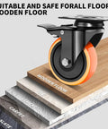 Heavy Duty 2 Inch Caster Wheels Set Of 4 Dual Lock Swivel Casters Beefed Up 600 Lb Capacity on wooden floor showing suitability for all surfaces.