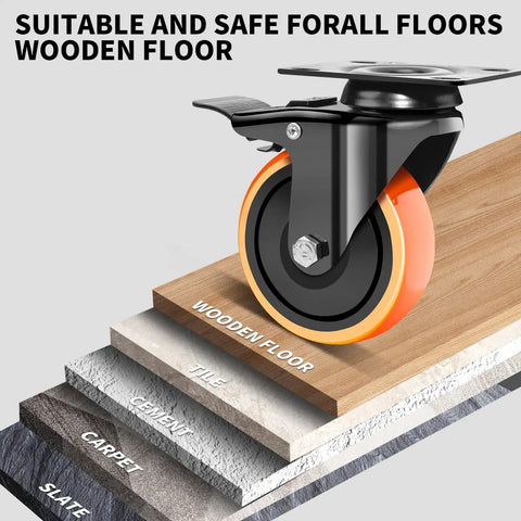 Heavy Duty 2 Inch Caster Wheels Set Of 4 Dual Lock Swivel Casters Beefed Up 600 Lb Capacity on wooden floor showing suitability for all surfaces.