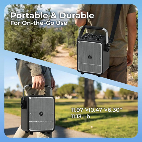 Person carrying All In One 150W Karaoke Machine With Dual Wireless Mics Portable Party PA System outdoors