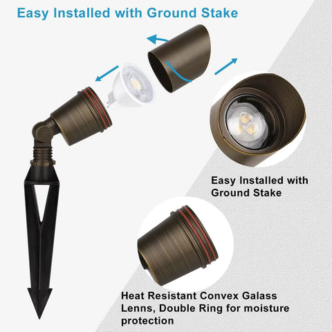 Brass Mini Landscape Light With 450 Lumen Output, 5W MR16 LED, 12V AC/DC, Waterproof Outdoor Spotlight With Ground Stake