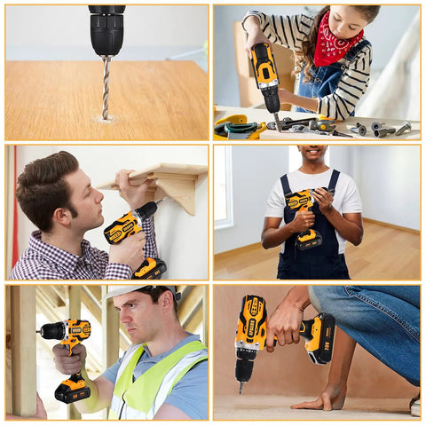 Collage of six images showing various uses of a 20V Cordless Drill Kit With 30-Piece Bit Set, Dual 2Ah Batteries, in DIY projects