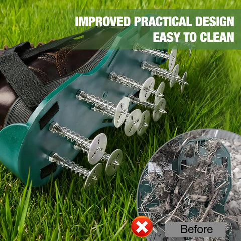 Adjustable Spiked Lawn Aerator Shoes With Deep Soil Spikes And Breathable Straps on grass, showing an easy-to-clean design