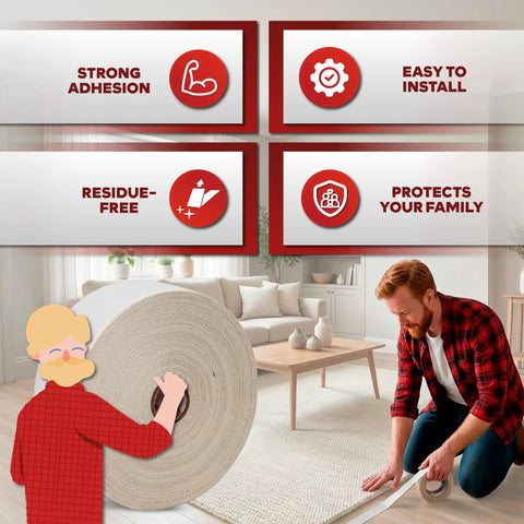 Man applying Double Sided Carpet Tape That Keeps Area Rugs In Place and Stays Put on Hardwood and Tile Floors without Residue