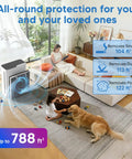 Living room scene with Vital 100 Replacement Filter For Air Purifier, child, and dog, highlighting coverage area and efficiency.