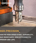 Front view of Cortool 1-inch HSS M2 annular cutter with Weldon shank in a drill press