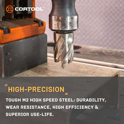 Front view of Cortool 1-inch HSS M2 annular cutter with Weldon shank in a drill press