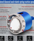 Diamond hole saw with blue body; cross-section shows thickened diamond sand, suction sponge, and elastic spring.