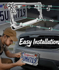 Chrome Palm Tree License Plate Frame With 4 Silver Screw Caps Heavy Duty Zinc Alloy 0.8mm Thick Rust Free Street Legal Universal Fit For Cars And Trucks Badass Palm Tree Style For Men And Women showcasing easy installation on car.