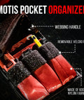 Open Firefighter Pocket Tool Organizer Pouch with Webbing Carry Handle showing compartments, made of durable 600D nylon fabric.
