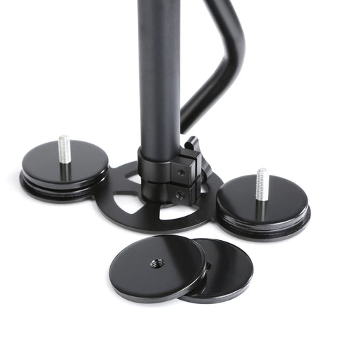 Base of Telescoping Video Stabilizer System With Quick Release Plate And Micro Balancing For DSLRs And Camcorders Up To Four Point Four Pounds Three Axis Gimbal With Ergonomic Grip Adjustable Post And Counterweights Optional Vest And Arm showing counterweights and post attachment