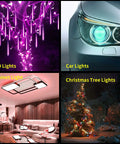 Four images of lighting: purple LED lights on a tree, a car headlight, a modern cabinet light in a room, and a Christmas tree with colorful lights.