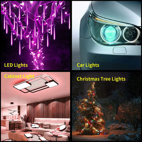 Four images of lighting: purple LED lights on a tree, a car headlight, a modern cabinet light in a room, and a Christmas tree with colorful lights.