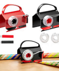 Game Changing Gift Wrap Cutter With Built In Tape Dispenser, red and black design, includes spare blades and tape rolls.