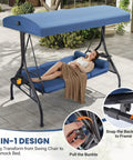 Three Seat Outdoor Porch Swing With Adjustable Canopy And Stand 2 In 1 Patio Swing Bed featuring removable cushions and cup holder