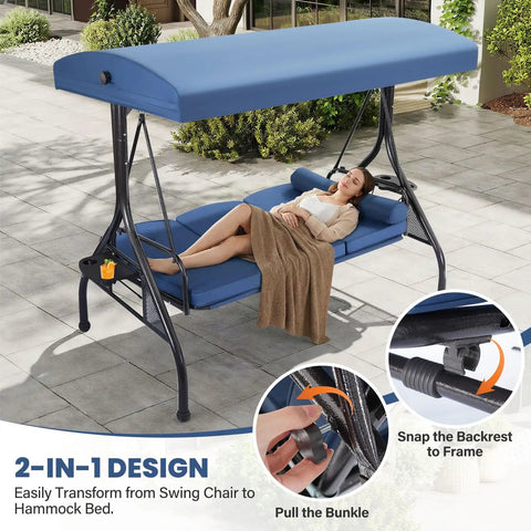 Three Seat Outdoor Porch Swing With Adjustable Canopy And Stand 2 In 1 Patio Swing Bed featuring removable cushions and cup holder