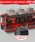 Front view of a 56.7 Inch Wide Beefy Heavy Duty Power Tool Organizer Wall Mount With Charging Station, holding drills and tools.