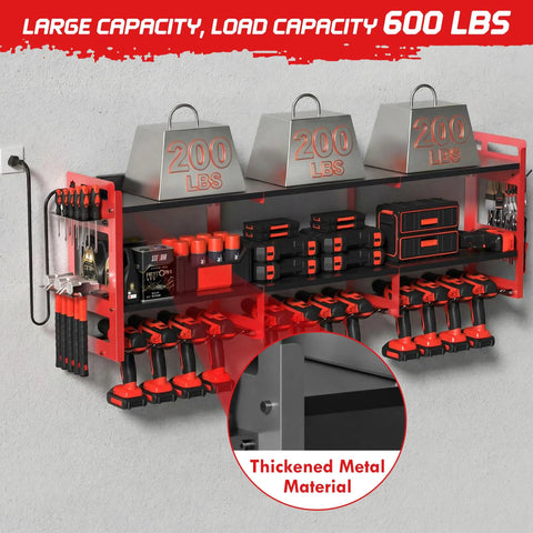 Front view of a 56.7 Inch Wide Beefy Heavy Duty Power Tool Organizer Wall Mount With Charging Station, holding drills and tools.