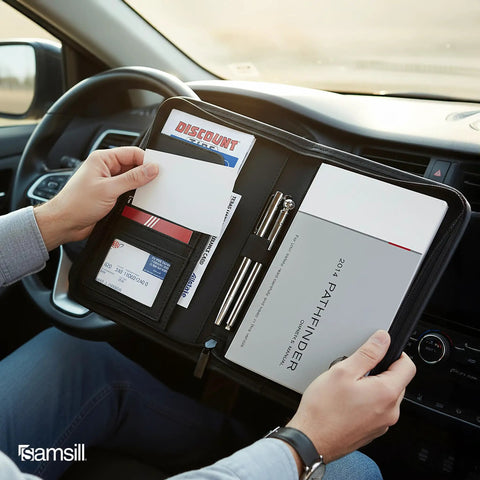 Ride Ready Glove Box Document Folder Holds Car Registration And Insurance Cards In A Snug Black Sleeve designed for console storage.