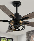 52 Inch Farmhouse Ceiling Fan With Lights And Remote, Caged Rustic Light Fixture, Reversible DC Motor, 5 Double Finish Wood Blades For Patio, Living Room, Dining Room, And Bedroom, Dimmable Bulbs Not Included in room