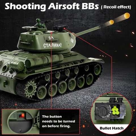 T34 RC Tank Replica With Dope Smoke And Lights showing shooting airsoft BBs feature and bullet hatch detail
