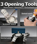 All In One Watch Repair Kit For Battery Replacement showing tools for notched, slotted, and screwed watch case opening.