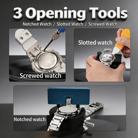 All In One Watch Repair Kit For Battery Replacement showing tools for notched, slotted, and screwed watch case opening.