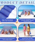 Product details of 15 By 5 Ft Beach Windscreen Set With Blue White Stripes, featuring fabric, setup, and use on beach with people