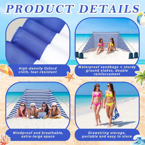 Product details of 15 By 5 Ft Beach Windscreen Set With Blue White Stripes, featuring fabric, setup, and use on beach with people