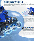 One Push Adjustable Inline Skates For Kids And Youth With Full Light Up Wheels Camo Blue, close-up view of shining wheels and comfort details.