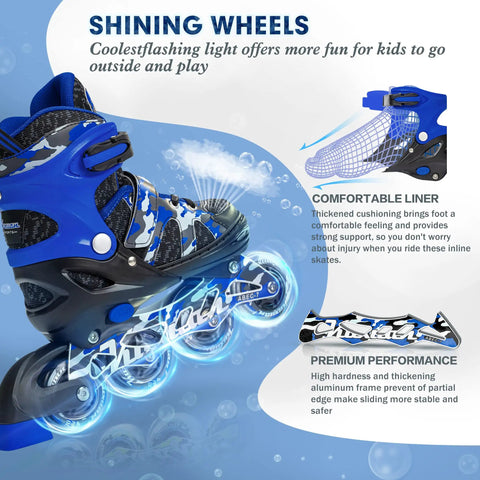 One Push Adjustable Inline Skates For Kids And Youth With Full Light Up Wheels Camo Blue, close-up view of shining wheels and comfort details.