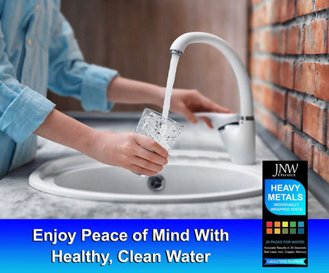 Heavy Metals Drinking Water Test Kit With Strips And eBook package near running faucet with hand holding glass
