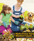 Mother and daughter gardening with cute dog, planting flowers in garden, holding small plants, wearing gloves and overalls on sunny day.