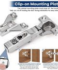Clip-on mounting plate of 40 Pack Three Quarter Inch Full Overlay Face Frame Soft Close Hidden Cabinet Hinges with Screws, 105 Degree 3D Adjustable Clip On Plate for easy installation.