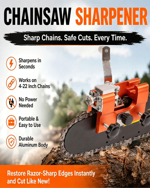 Klampero Chainsaw Sharpener With Hand Crank And Angle Guide attached to a chainsaw bar for sharpening outdoors