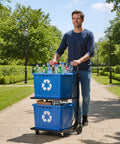 Man pushing Ultra Heavy Duty Metal Recycling Cart With Butter Smooth Rolling Casters dual tier storage bins outdoors.