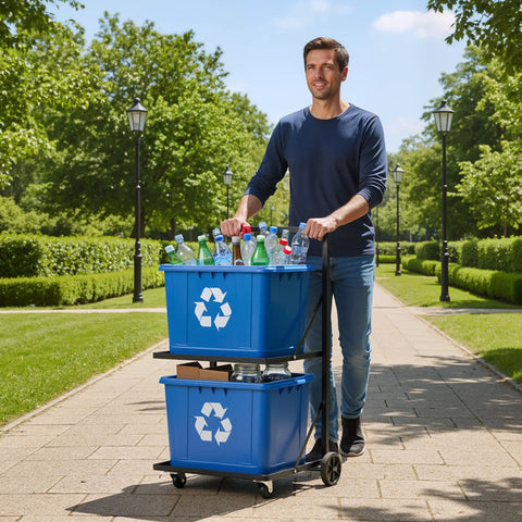 Man pushing Ultra Heavy Duty Metal Recycling Cart With Butter Smooth Rolling Casters dual tier storage bins outdoors.