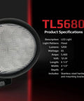TL5680 12V LED Tractor And Combine Light Flood Beam Beefy 5200 Lumens 65W with product specifications and stainless mount hardware.