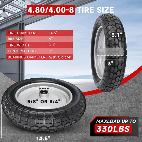 Solid Tire And Wheel Kit For Wheelbarrows And Garden Carts With 14.5 Diameter Flat Free Tire, 4.80 4.00 8 Size, side view with dimensions.