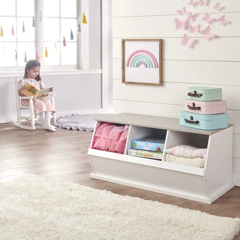 Three Bin Stackable Toy Storage Cubby Organizer For Kids Playroom And Bedroom Expandable Modular Toy Storage System For Toys And Crafts In White Gray Woodgrain shown in a room setup with toys and decorations.