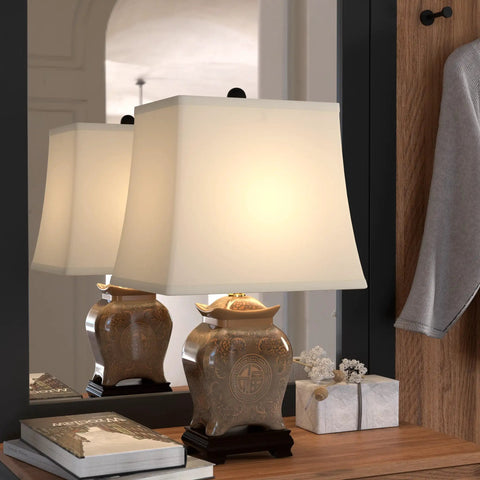 Tall Porcelain Lantern Table Lamp With Black And Brown Ming Medallion Design, White Pagoda Shade With Piped Seams, Brass Finial, Rosewood Finish