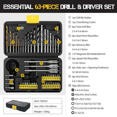 Hi-Spec 63-piece drill and driver set in black case with twist, brad point, masonry bits, hole saws and nut drivers